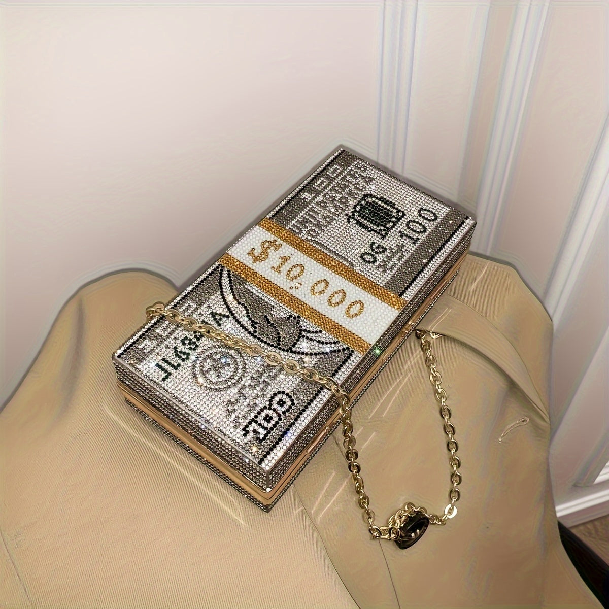 Fashion Dollar Bill Design Clutch - Rhinestone Evening Bag, Creative Personalized Handbag With Chain Shoulder Strap, Small Party Crossbody Purse, Bag - For Women - Perfect for Parties & Special Occasions - Ideal Gift